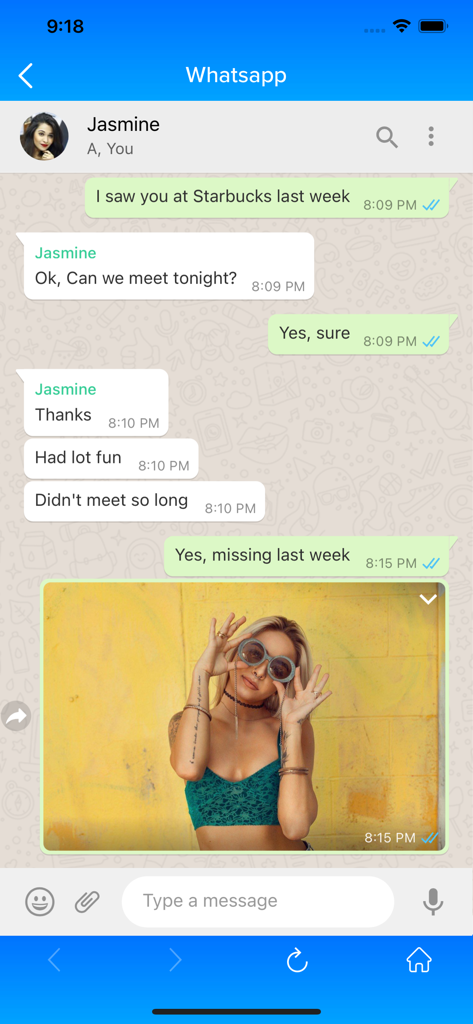 Interface de chat do WhatsApp dentro do aplicativo Dual Accounts mostrando uma conversa privada e foto compartilhada