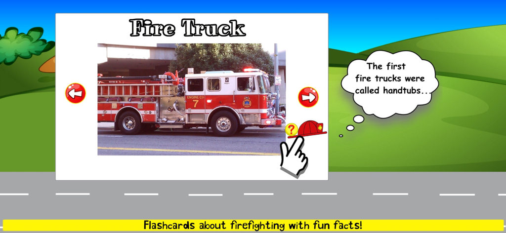 Fire truck educational flashcards with fun facts for kids
