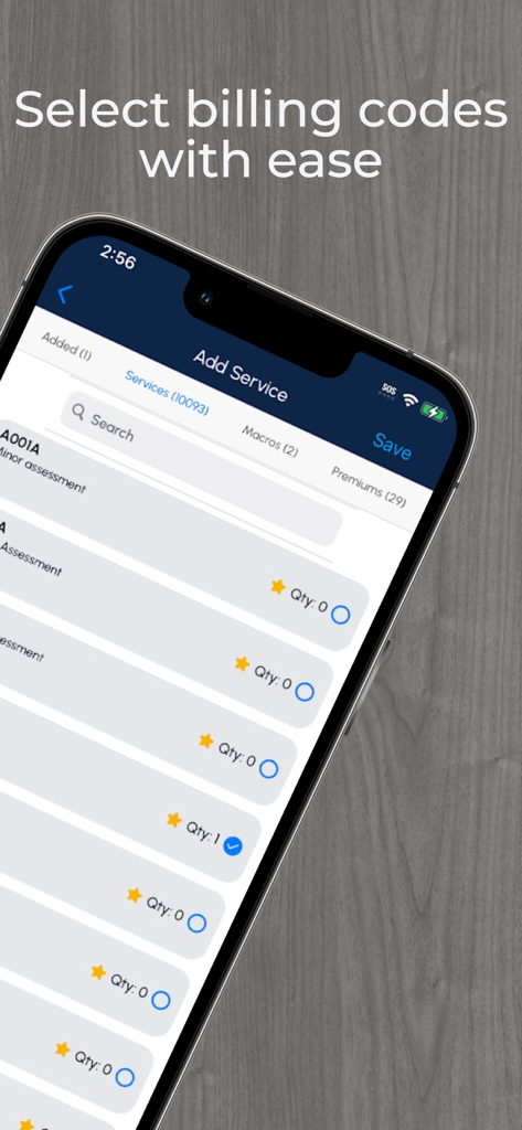 CabMD - CabMD mobile app screen for selecting medical billing codes and services