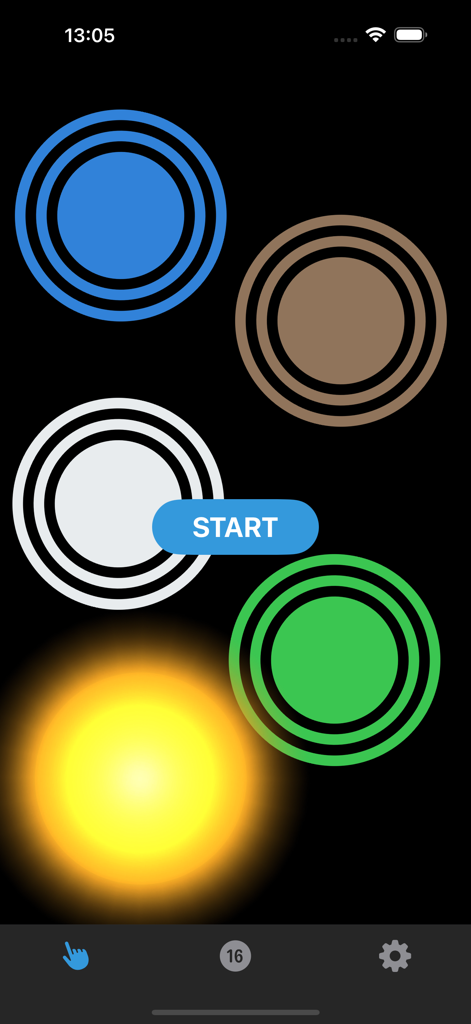 Tap Roulette - Random Picker - Multiplayer-Touchscreen-Oberfläche von Tap Roulette mit bunten Kreisen und einem Startknopf zur zufälligen Auswahl.