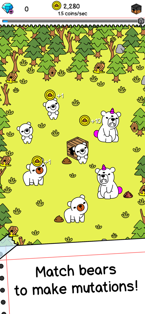A gameplay screenshot of Bear Evolution showing several white bear creatures in a forest setting with the text Match bears to make mutations.
