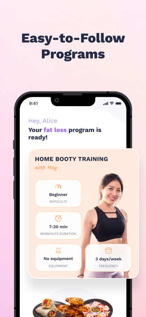 Nüli - Home & Gym Workouts - Nuli app interface showing a beginner home booty training program with details on duration and equipment