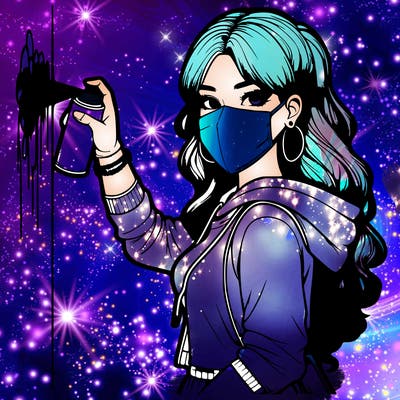 realistic girl with mask spray painting a wall