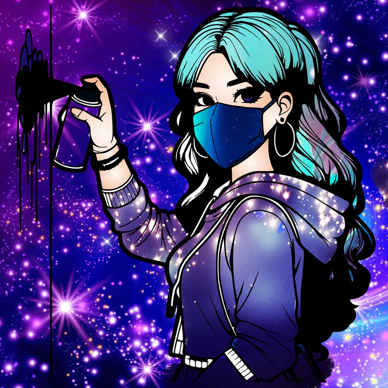 realistic girl with mask spray painting a wall