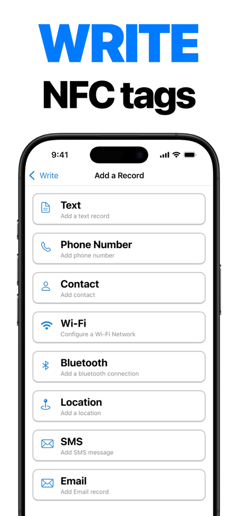 iPhone screenshot of NFC Tools app showing a list of record types to write on tags including Text, Phone Number, Contact, Wi-Fi, and Bluetooth
