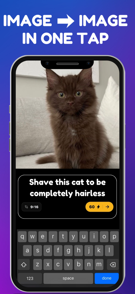 Smartphone screen showing the Funderated app image to image AI generation feature with a cat photo and a text prompt