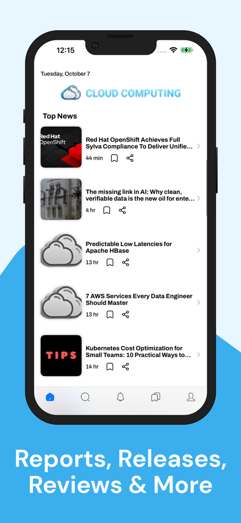Cloud & Big Data News - Pantalla de smartphone mostrando el feed de noticias principal de la aplicación Cloud and Big Data News con artículos técnicos.