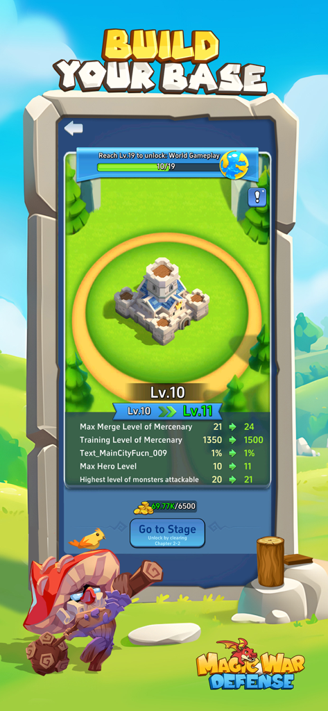 Magic War: Defense - Magic War Defenseモバイルゲームのスクリーンショット。ヒーローと傭兵のレベルが表示された城の拠点のアップグレードを示している。