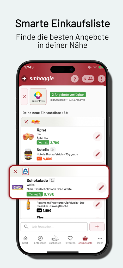 smhaggle - Smhaggle app interface showing a smart shopping list with price comparisons and discounts for grocery items