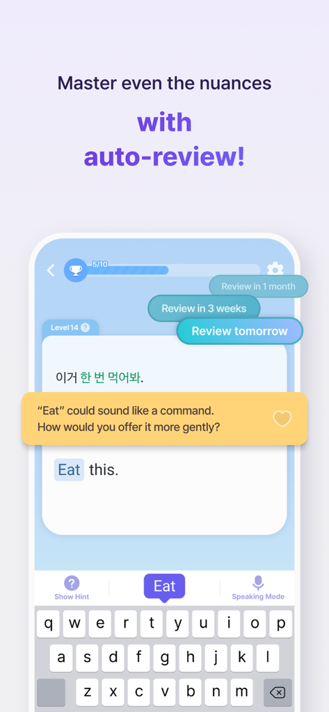 Epop: Learn Real-Life English - Interface de l'application Epop montrant une leçon de nuances anglaises et un calendrier de révision automatisé