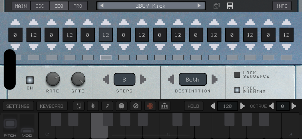 SNESynth: Chiptune Power! - The sequencer interface of the SNESynth app showing step sequence controls and a virtual piano keyboard.