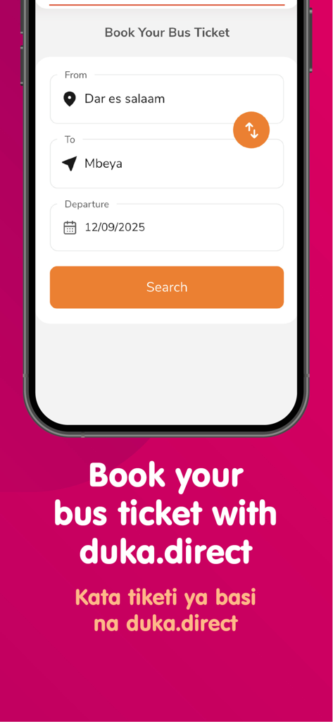 duka.direct - Mobile app screen for booking a bus ticket from Dar es Salaam to Mbeya using duka direct