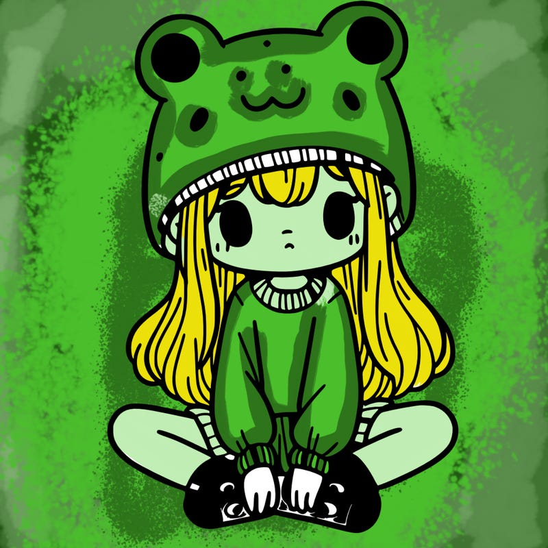 a girl wearing a frog hat and some frog socks