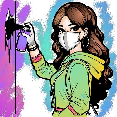 realistic girl with mask spray painting a wall