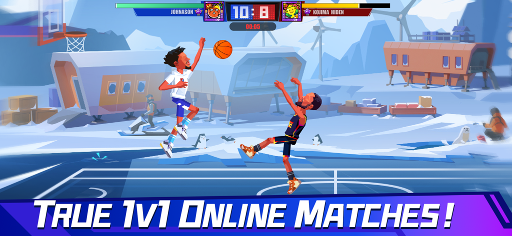 Basketball Duel: Online 1V1 - 눈 덮인 북극 코트에서 1대1 온라인 경기를 펼치는 두 명의 만화 농구 선수