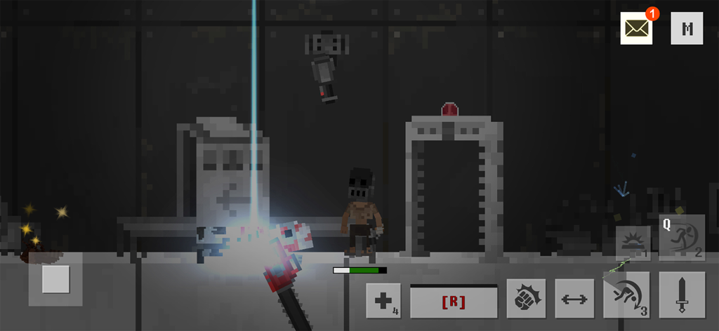 Gameplay screenshot of Wasteland Story showing a 2D pixel art character in a post-apocalyptic setting with action RPG controls.