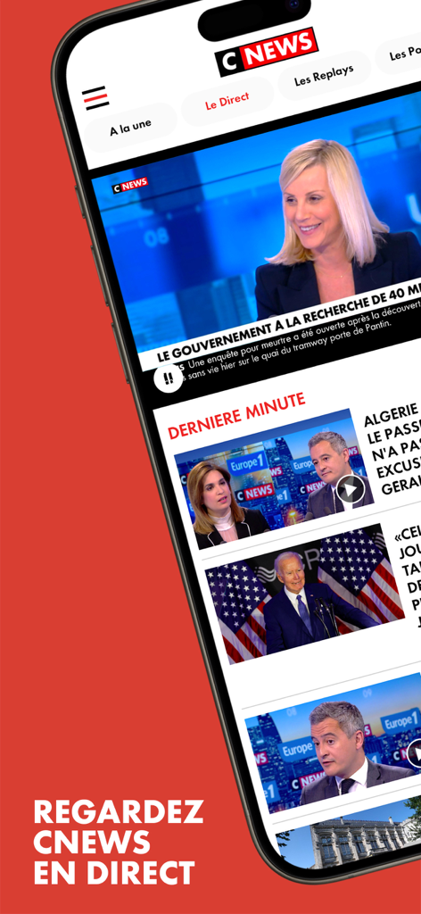 CNEWS - Toute l'Actu en direct - Interface de l'application mobile CNEWS montrant une diffusion d'actualités en direct et un fil d'actualités de dernière minute sur un smartphone