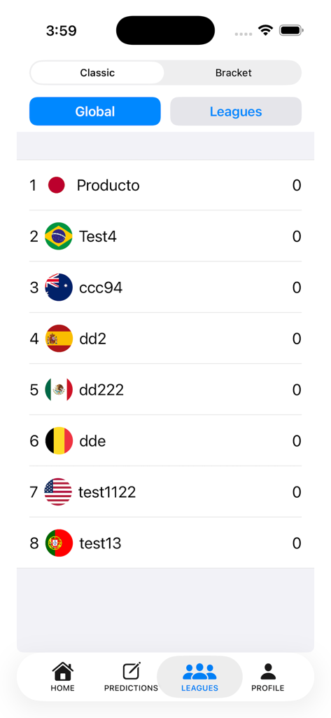 WC 2026 Predictor - Global ranking leaderboard screen in the WC 2026 Predictor app showing user scores and national flags
