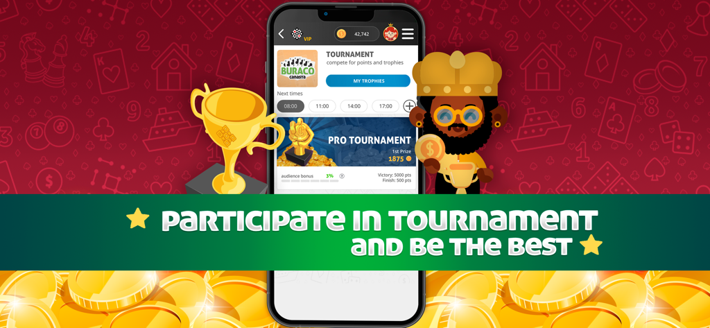 Buraco MegaJogos: Cartas - Tournament screen in Buraco MegaJogos card game showing a gold trophy and rewards