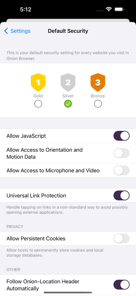 Onion Browser - Écran des paramètres de sécurité du navigateur Onion avec niveaux de protection or, argent et bronze
