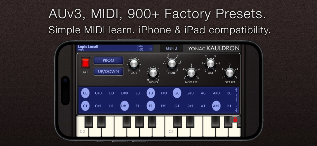 Kauldron Synthesizer app interface on iPhone showing arpeggiator controls and MIDI features