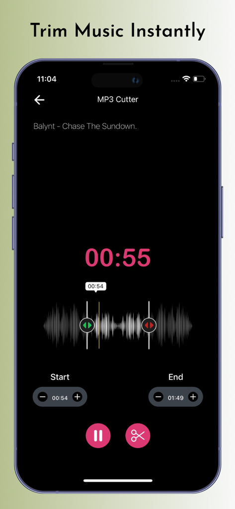 Offline MP3 Music Player app showing the MP3 cutter tool with waveform visualization and trim controls