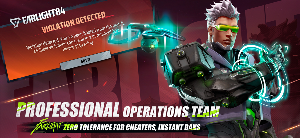 Farlight 84 in-game violation detected notification highlighting the zero tolerance for cheaters policy