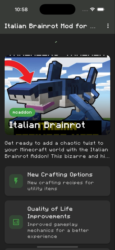 Uma captura de tela do Mod Italian Brainrot para Minecraft Pocket Edition mostrando um tubarão azul bloco e novos recursos de jogabilidade.