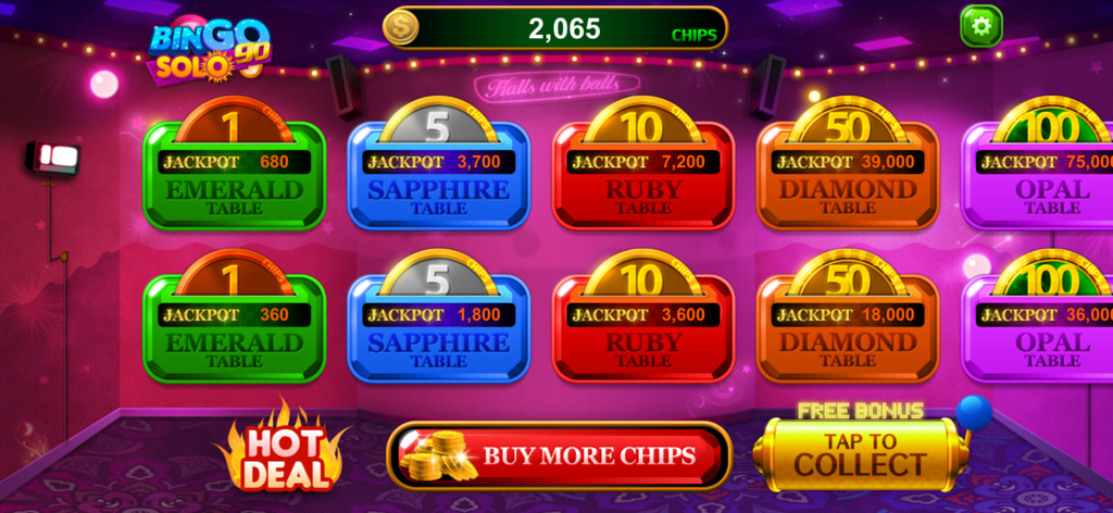Bingo Solo 90 : 90 Ball Bingo - Tela do lobby do Bingo Solo 90 com diferentes mesas de bingo com várias taxas de entrada de fichas e jackpots