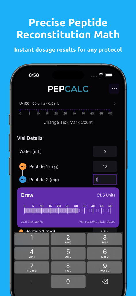 PepCalc app interface showing peptide reconstitution math and dosage results.