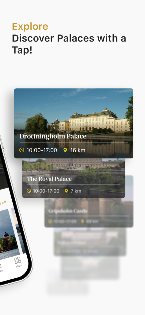 Interfaz de la aplicación móvil que muestra los palacios suecos con horarios de apertura e información de distancia