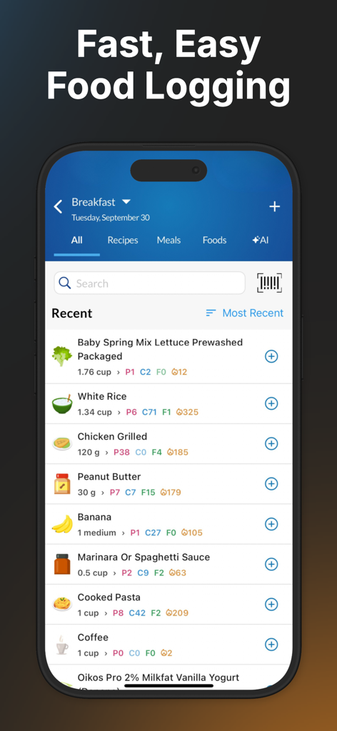 MacrosFirst - Macro Tracker - MacrosFirst app interface showing a list of recently logged foods with macro breakdowns for protein carbs and fats