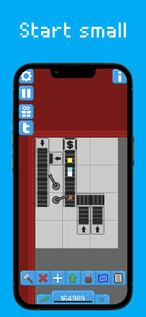 Assembly Line! - Gameplay screen of Assembly Line showing a basic factory setup with conveyor belts and robotic arms moving resources on a grid