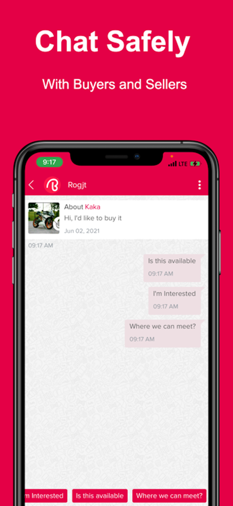 Buy Sell Now - Sell it, Letgo - Buy Sell Nowマーケットプレイスアプリで買い手と売り手の間のコミュニケーションを示す安全なアプリ内チャットインターフェース。
