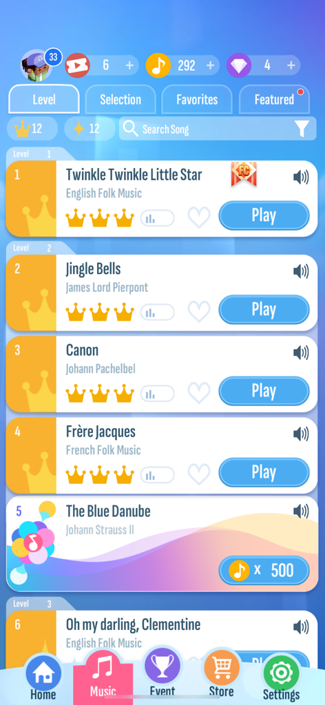 The music selection menu in the Piano Tiles 2 app featuring a list of unlockable songs and player progress