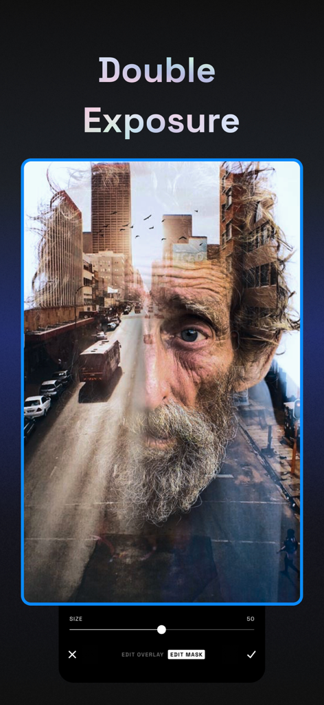 Filterloop photo editor double exposure effect blending a portrait and city street