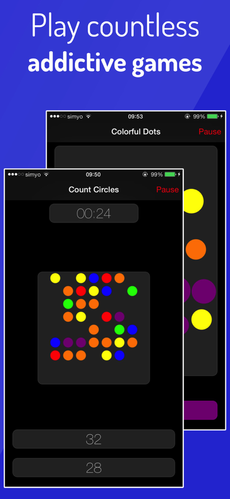 Two iPhone screens displaying logic and memory games from the Brain Challenge app with a dark mode interface.