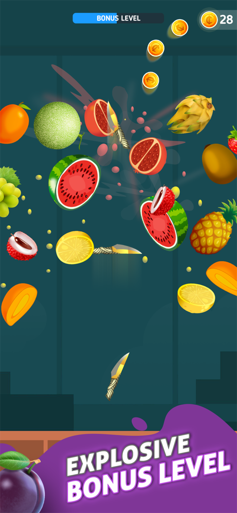 Fruit Cut - Knife Hit Master - Gameplay screenshot of Fruit Cut showing sliced fruits and gold coins in a bonus level