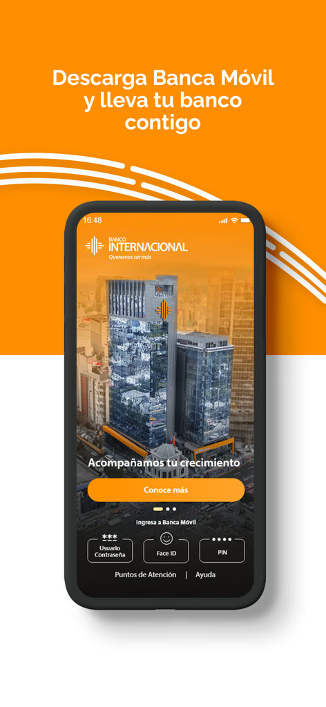 Pantalla de inicio de sesión de banca móvil de Banco Internacional Ecuador con opciones de Face ID y PIN