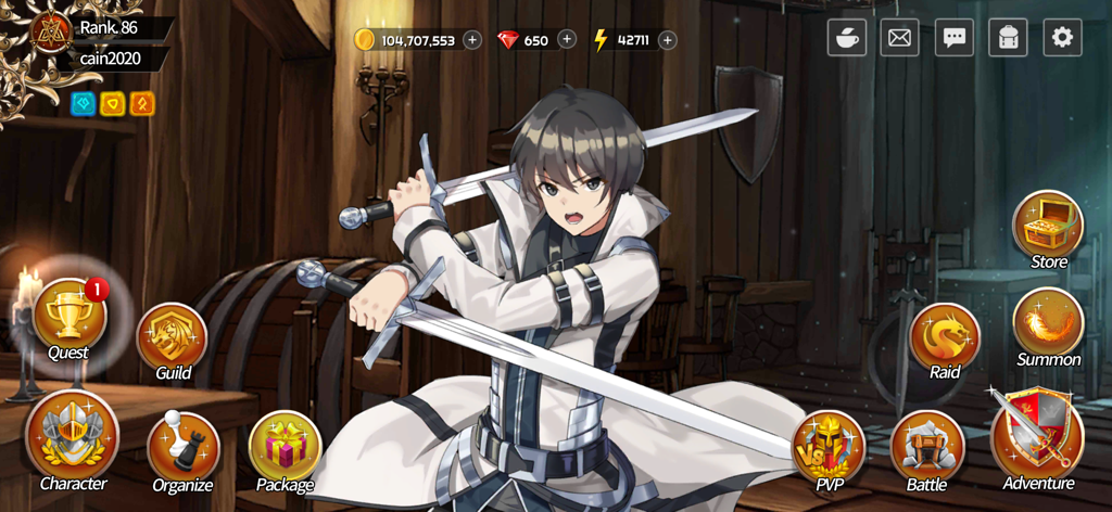 Sword Master Story main menu interface with dual sword character Cain and various game mode icons