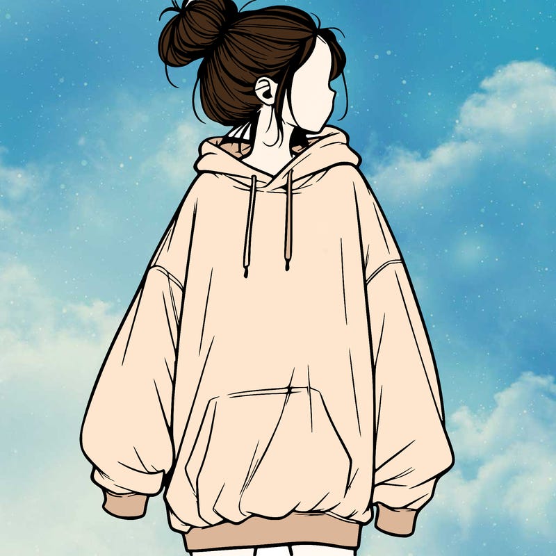 realistic girl with a oversized sweatshirt on and a bun