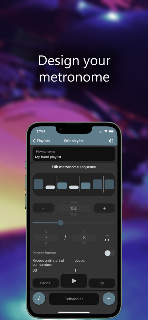 Camtronome - Pro Metronome - Mobile app screen showing the metronome sequence editor and playlist management interface.