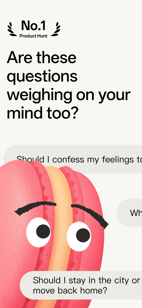 Macaron AI - life tool maker - Un personnage macaron rose aux yeux expressifs, aux côtés de questions de vie importantes telles que déménager ou avouer ses sentiments.