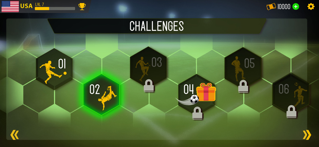 Play Football 2026- Real Goal - レベルと報酬が表示されたサッカーゲームチャレンジ選択画面