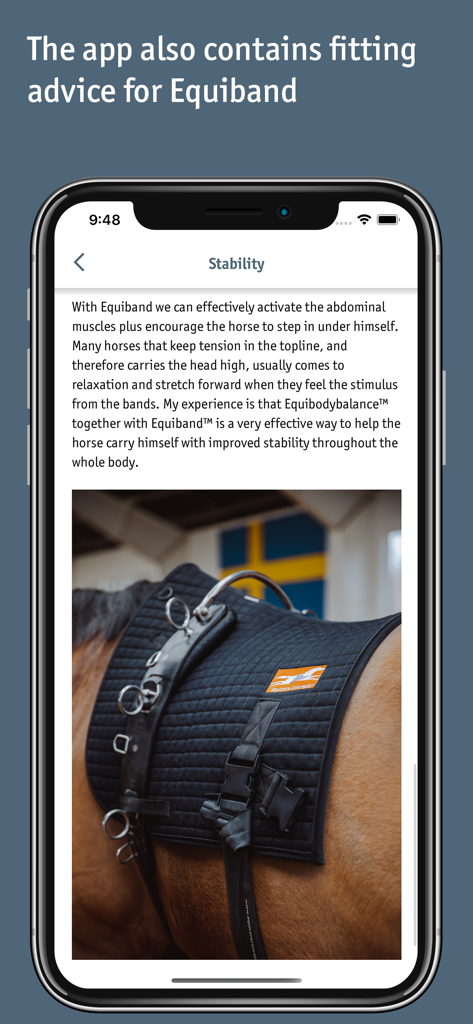 Equibodybalance - Screenshot of Equibodybalance app showing Equiband fitting instructions and stability exercise details for horse core strength