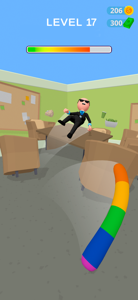 Un personaje con traje siendo empujado hacia atrás por una bofetada arcoíris en el juego móvil Crazy Office