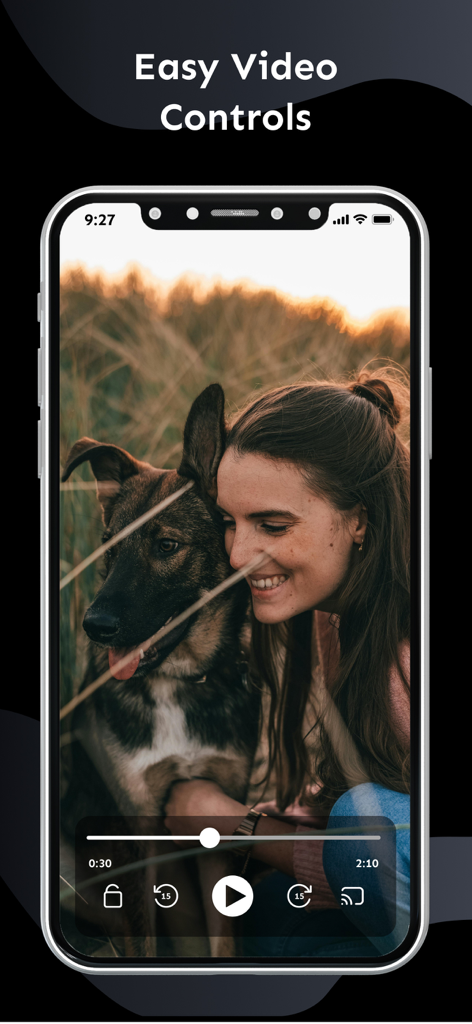 Video Player - All Format 2025 - Écran de smartphone affichant la lecture vidéo avec des commandes pour lecture, pause et diffusion