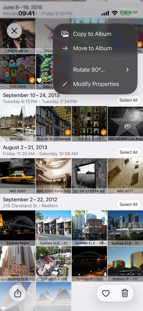 Piwigo - Interface de l'application Piwigo montrant la galerie de photos et le menu d'organisation des images