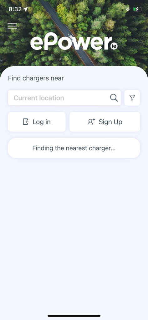 ePower EV Charging - Home screen of ePower EV charging app showing options to search for nearby chargers log in or sign up