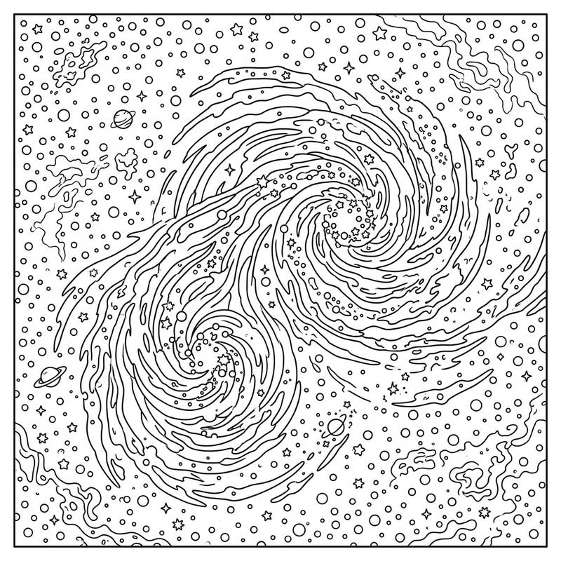 Journey through the cosmos with this stunning coloring page featuring interacting galaxies in a gravitational embrace. Designed for teens, it offers an intricate and captivating artistic challenge.